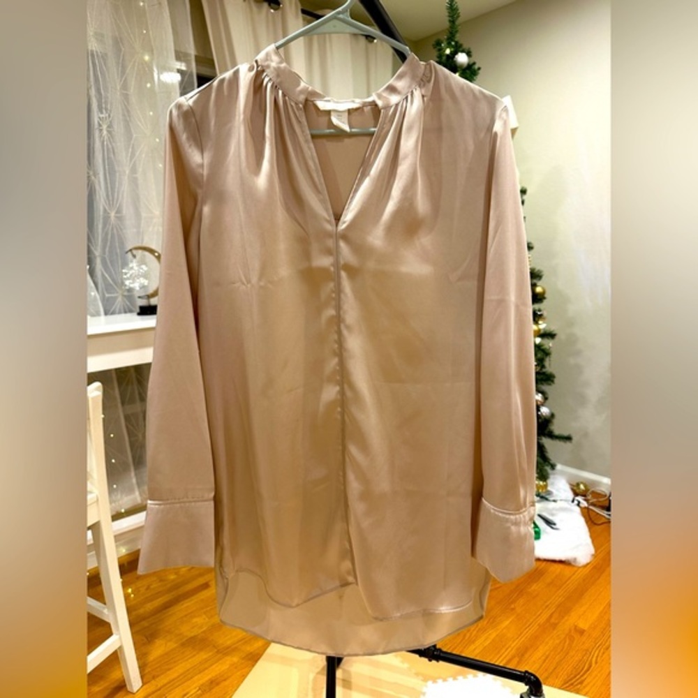 H&M Silken Grace: Taupe Satin Blouse with Elegant Neckline Gather